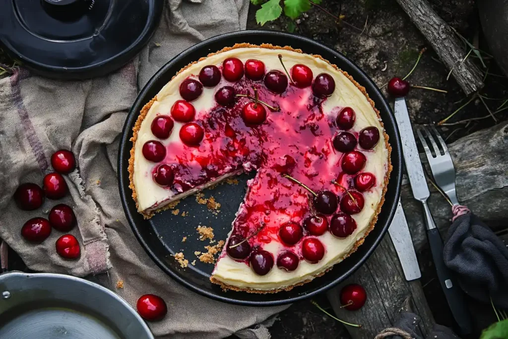 Flat-lay of a cherry cheesecake with slices removed, revealing layers and vibrant cherry topping, surrounded by fresh cherries