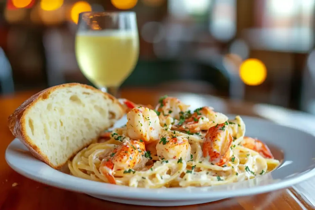 A beautifully styled meal showcasing lobster pasta with rich, creamy sauce, accompanied by a warm, golden garlic bread and a refreshing glass of lemon juice. The scene is elegantly arranged on a wooden table with soft, natural lighting highlighting the vibrant colors of the dish, creating an inviting and luxurious atmosphere. The background features a blurred, cozy dining setting to emphasize the dish