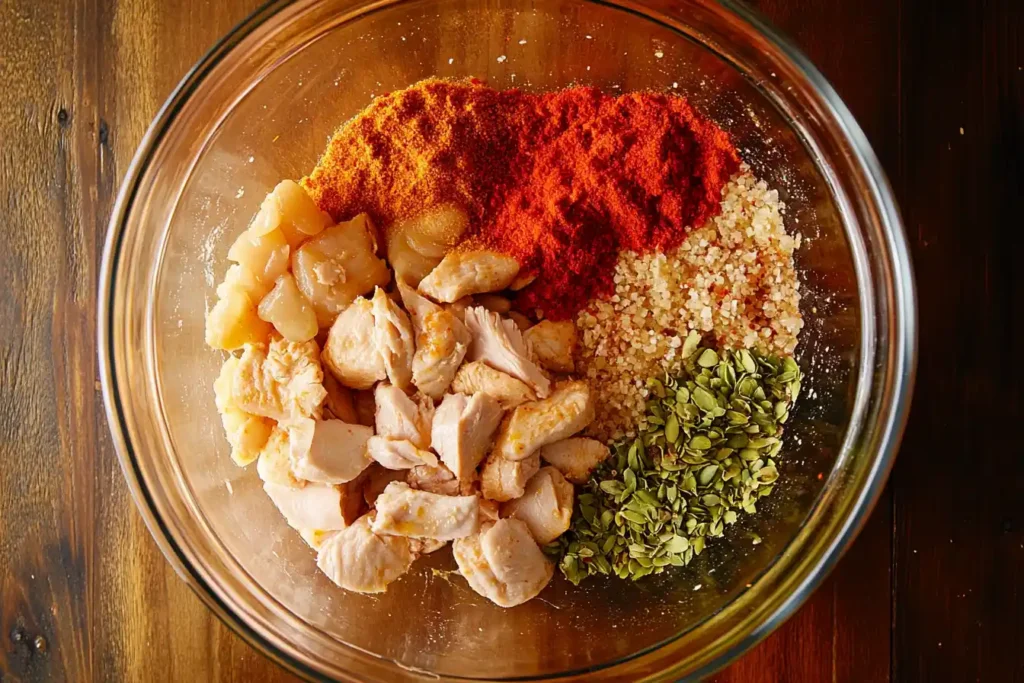 Step-by-step visuals of mixing ingredients in a clear glass bowl with captions. Highlight spices and chicken for a striking visual. Include a red-bordered highlight.