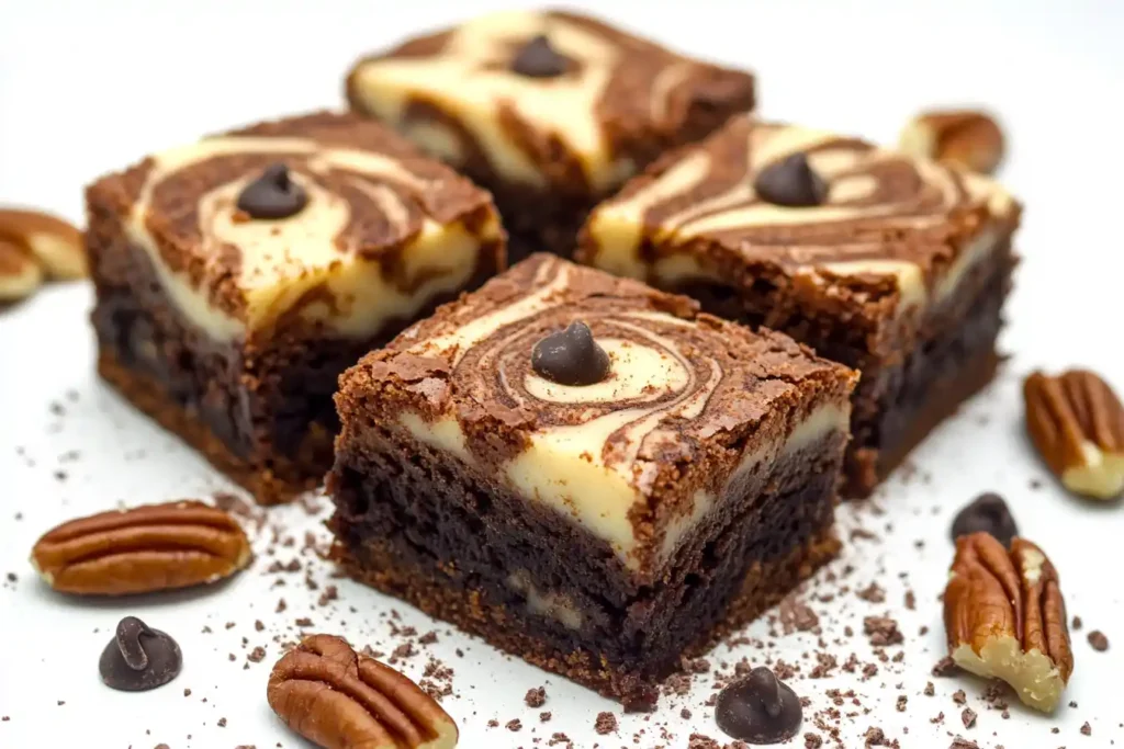 ghirardelli brownie mix: A vibrant photo featuring brownies with swirls of caramel or cream cheese and sprinkled with nuts or chocolate chips on top.