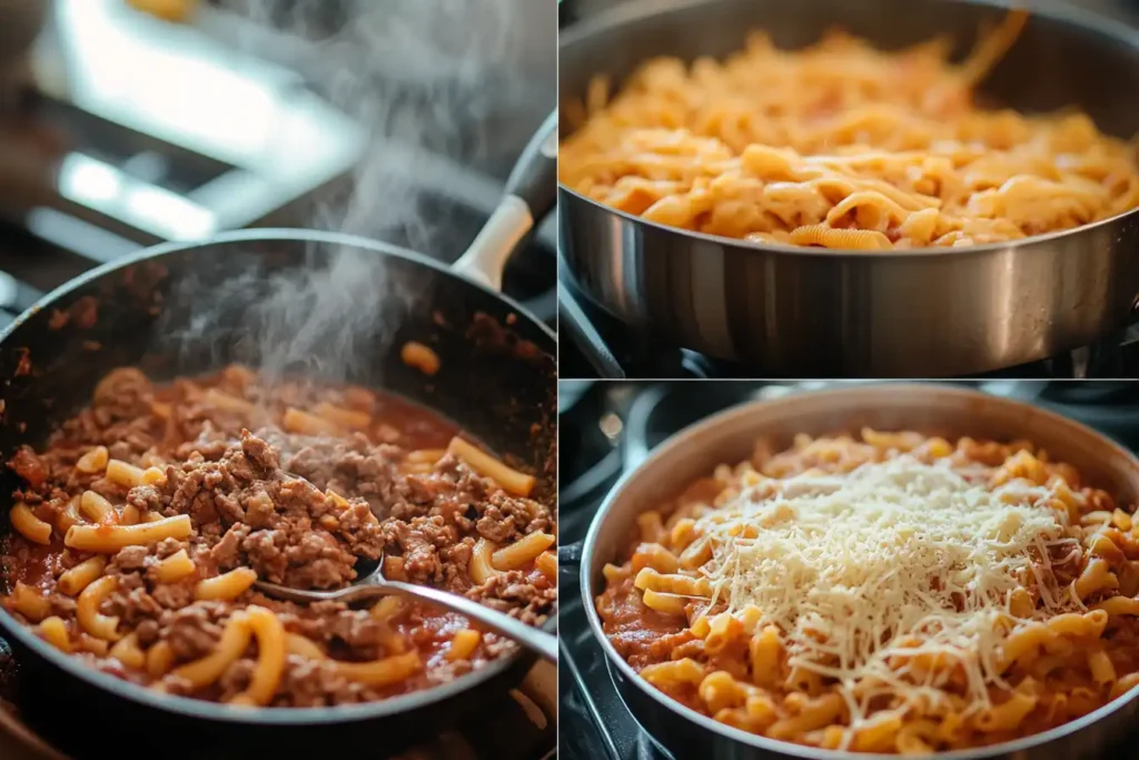 A series of step-by-step cooking images: browning beef in a skillet, pasta boiling in a pot, and the final cheese-covered Beefaroni dish fresh out of the oven.