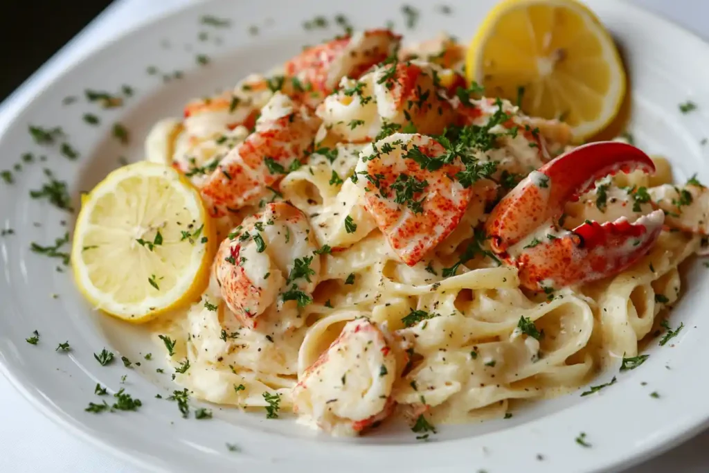 A beautifully plated lobster pasta dish on a white plate, highlighted with lobster claws, fresh parsley, and lemon slices for garnish.