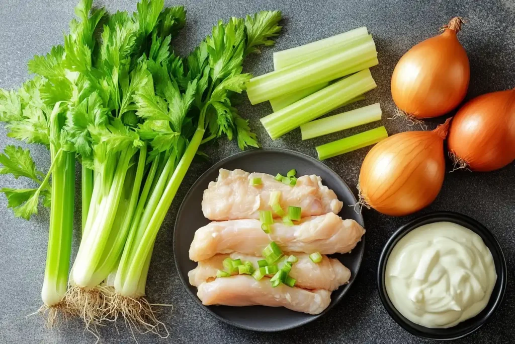 A photo of fresh ingredients like chicken tenderloins, celery, onions, and mayonnaise beautifully arranged on a tabletop.