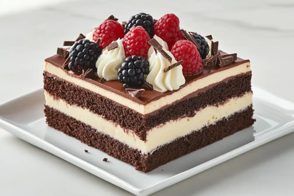 ghirardelli brownie mix: A photo of a brownie layer cake, alternating between brownie, mousse, and whipped cream layers, garnished with chocolate shavings and fresh berries.