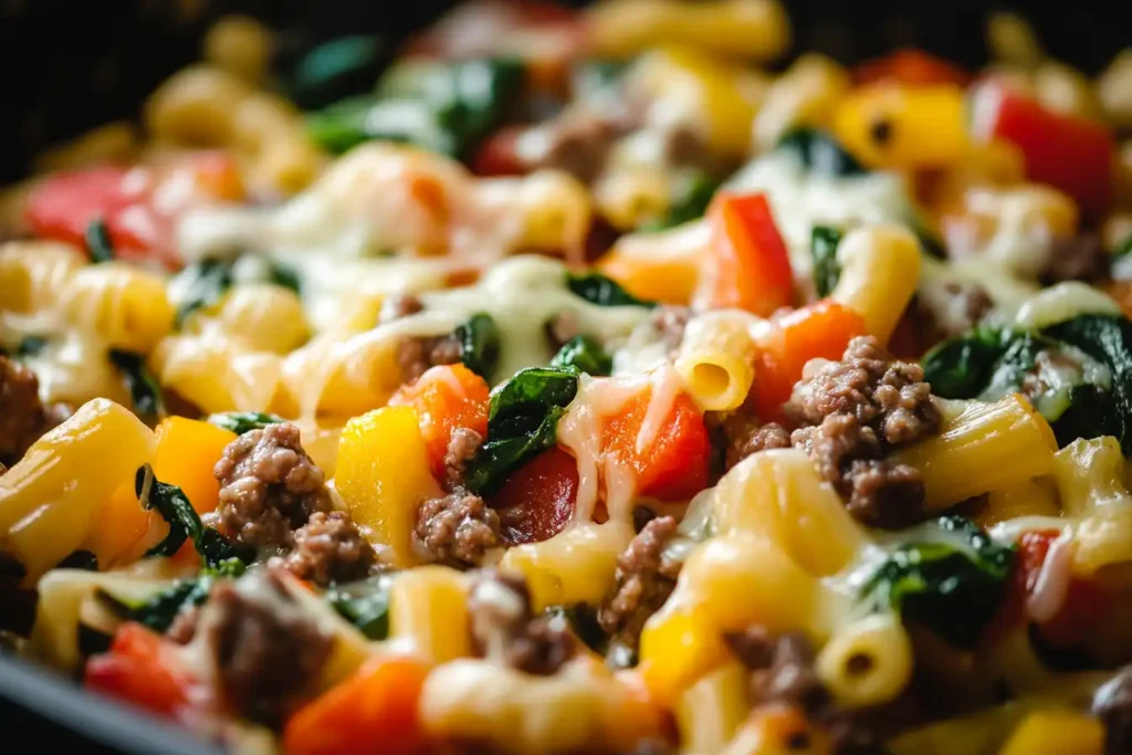 A vibrant skillet of Beefaroni featuring colorful vegetables like bell peppers and spinach, topped with melted cheese.