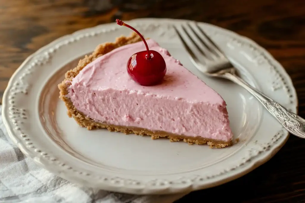 A slice of no-bake cherry cheesecake on a white plate with a cherry on top and a silver fork beside it