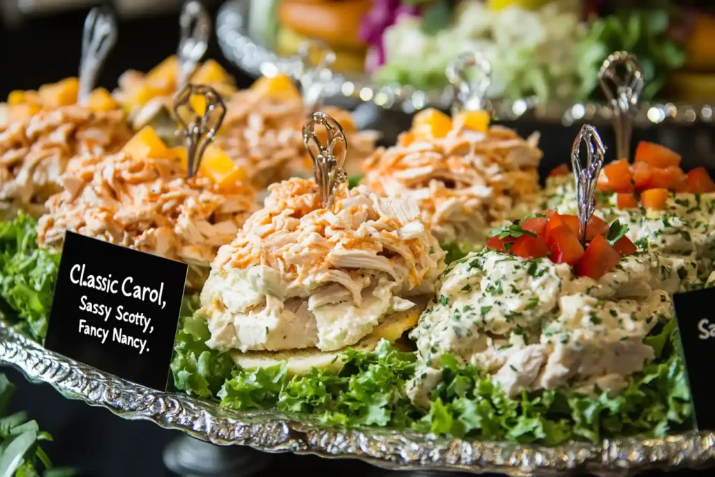 A platter featuring several chicken salad variations, labeled as “Classic Carol,” “Sassy Scotty,” and “Fancy Nancy.”