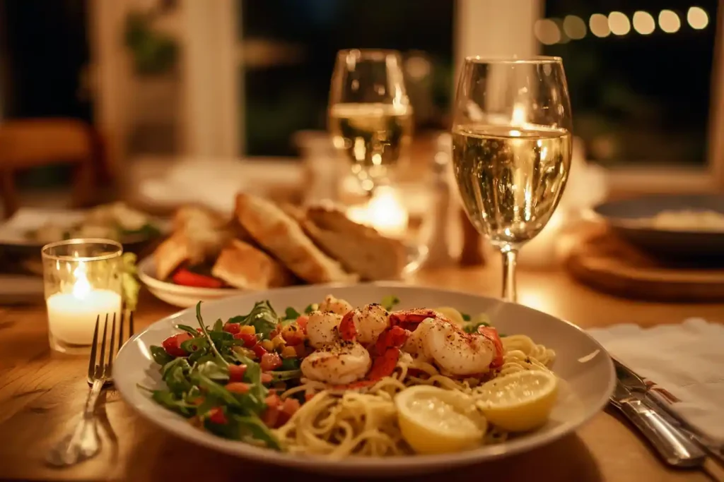 A cozy dinner table setup with lobster pasta served alongside lemon juice, garlic bread, and a vibrant side salad, lit by soft candlelight.