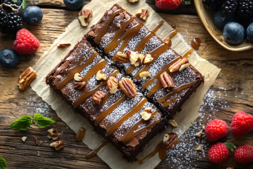 A flat lay of brownies topped with drizzled caramel, nuts, and a dusting of powdered sugar, placed on a rustic wooden table with fresh berries on the side