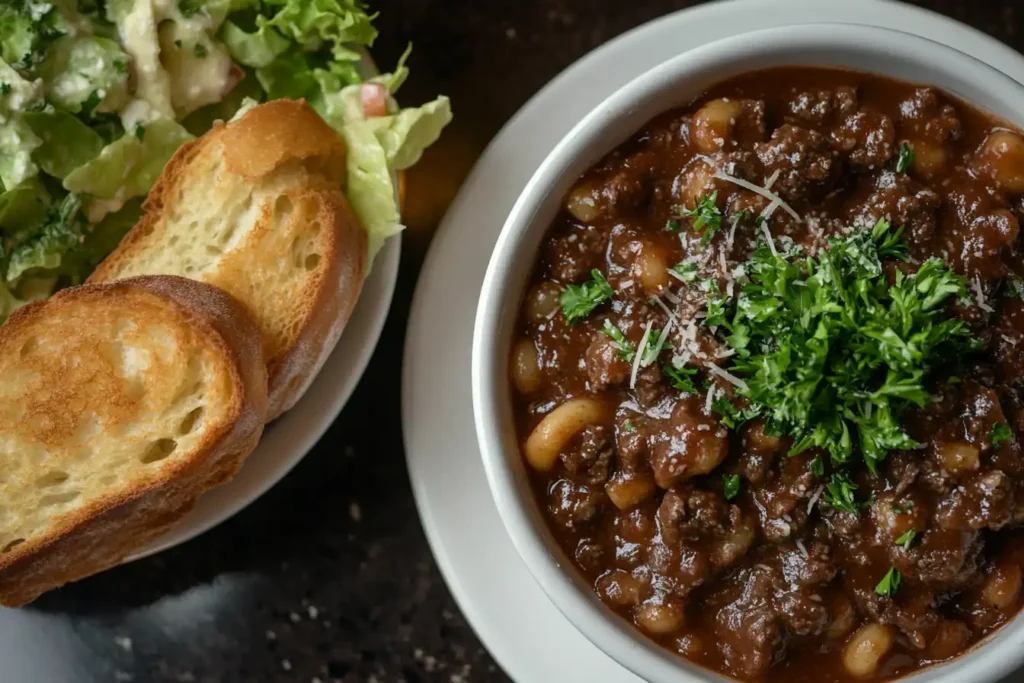 A plated portion of beef garnished with parsley, placed alongside garlic bread and a bowl of Caesar salad.