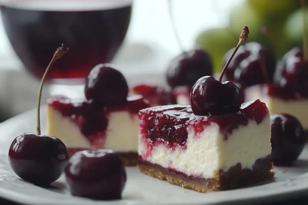 Close-up of cherry cheesecake slices on plates, garnished with fresh cherries, with a glass of wine in the background