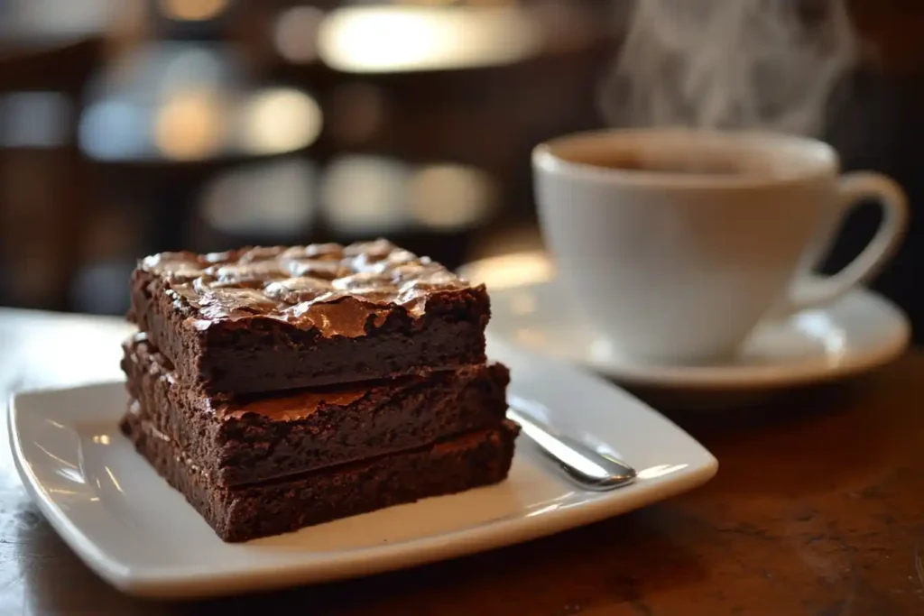 A side view of a stack of fudgy Ghirardelli brownies on a white dessert plate, paired with a cup of steaming coffee