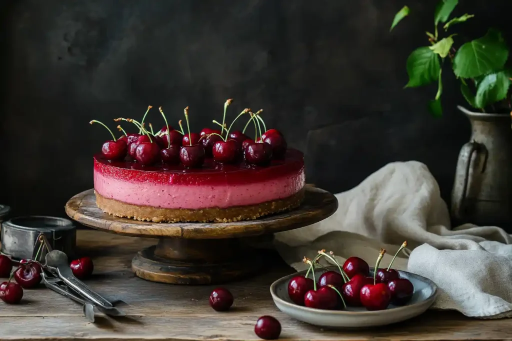 A vibrant cake on a wooden table with baking tools, fresh cherries, and a linen napkin