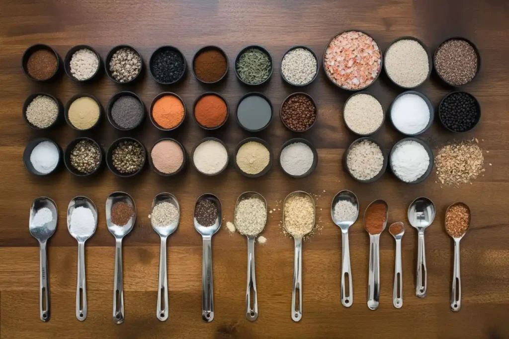 A neatly arranged flat-lay of the listed ingredients on a wooden countertop, laid out with measuring cups and spoons. Include a red border around this section in your visuals.