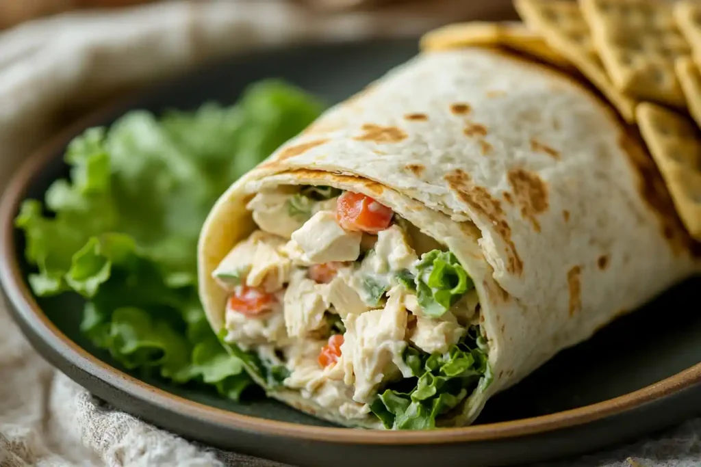 insert a lifestyle photo of a plated chicken salad wrap with a side of fresh greens and crackers.