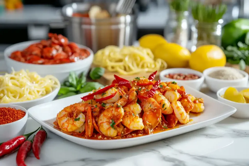 A vibrant and creative kitchen scene featuring lobster pasta with unique twists. Show a plate of lobster pasta garnished with red chili flakes, alongside bowls of crushed Calabrian peppers and chili oil.