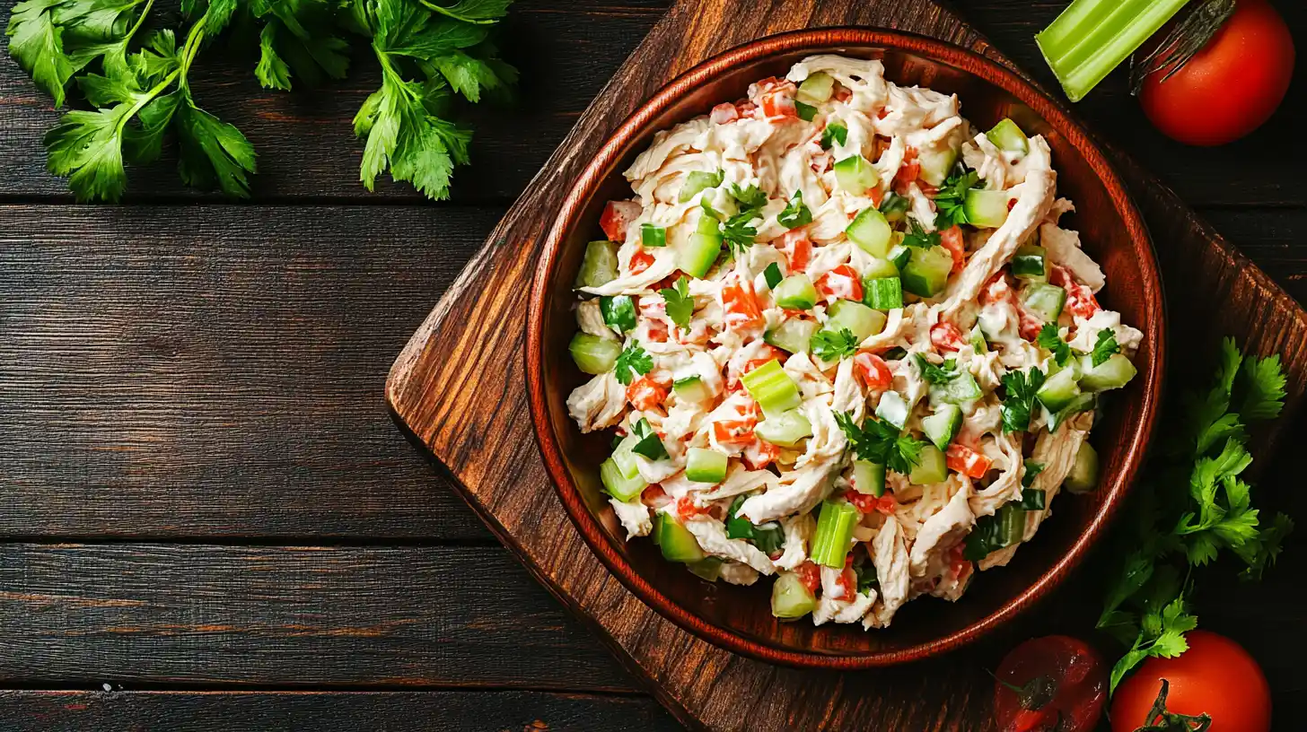 A beautifully plated chicken salad featuring shredded chicken, chopped celery, and creamy dressing, highlighted against a rustic kitchen setup