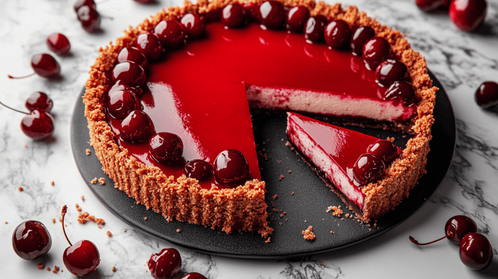 Flat-lay of a cherry cheesecake with slices removed, revealing layers and vibrant cherry topping, surrounded by fresh cherries