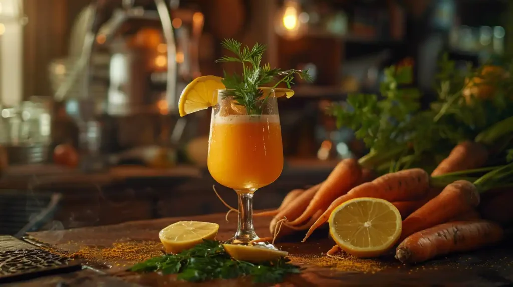 A vibrant glass of fresh carrot juice on a rustic wooden table, surrounded by raw carrots and lemon slices