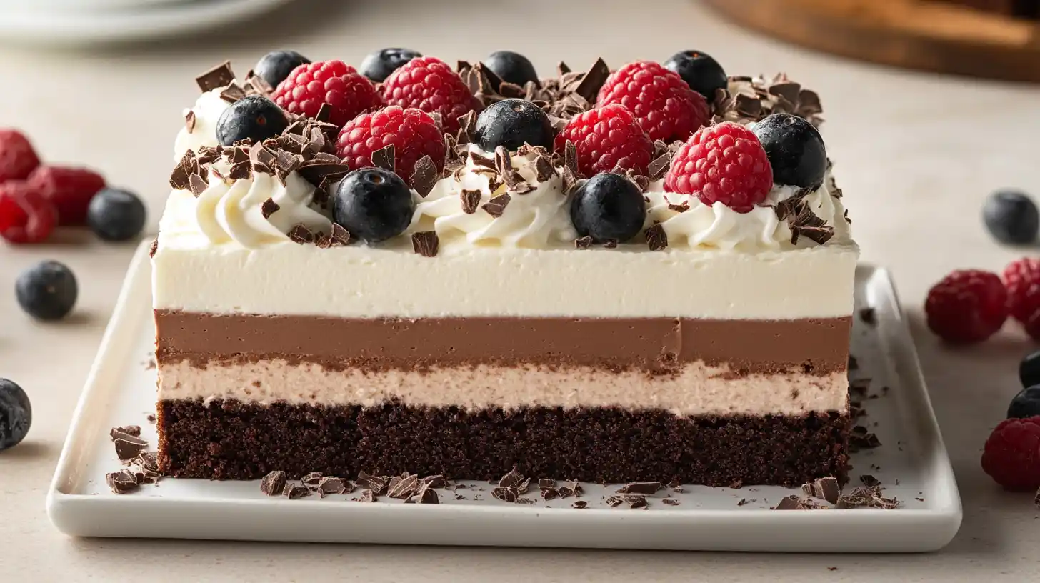 A photo of a brownie layer cake, alternating between brownie, mousse, and whipped cream layers, garnished with chocolate shavings and fresh berries.