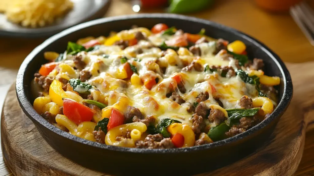 A vibrant skillet of Beefaroni featuring colorful vegetables like bell peppers and spinach, topped with melted cheese.