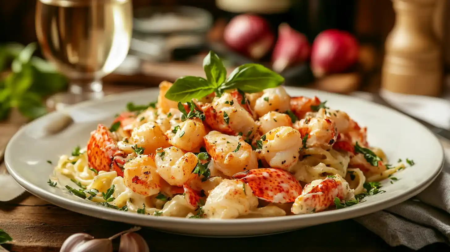 A beautifully styled and elegant cover image for a lobster pasta recipe article. Display a plate of perfectly plated lobster pasta with rich creamy sauce, garnished with fresh herbs like parsley or basil.