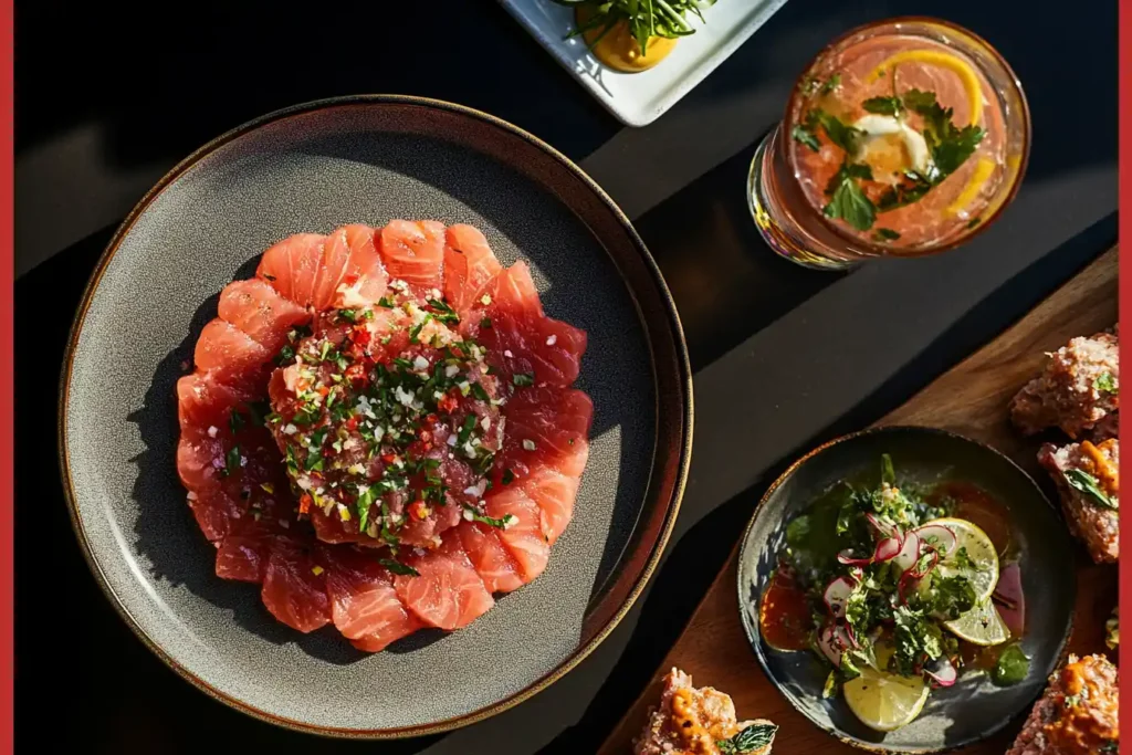 Red-bordered image of a social media-ready table featuring tuna tartare alongside light appetizers and paired beverages, framed by natural lighting