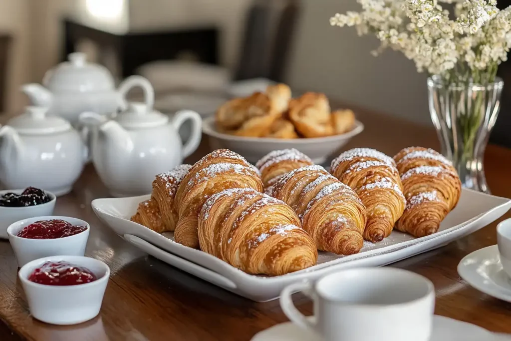 
A beautifully arranged breakfast spread featuring craoissant, Swiss coffee cups, small bowls of jam, and powdered sugar