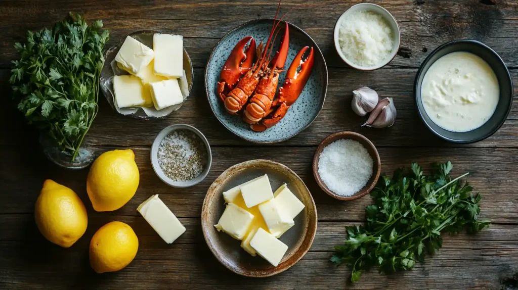 An overhead image of fresh lobster alongside key sauce ingredients: butter sticks, garlic cloves, lemons, cream, and fresh herbs, styled on a rustic wooden table