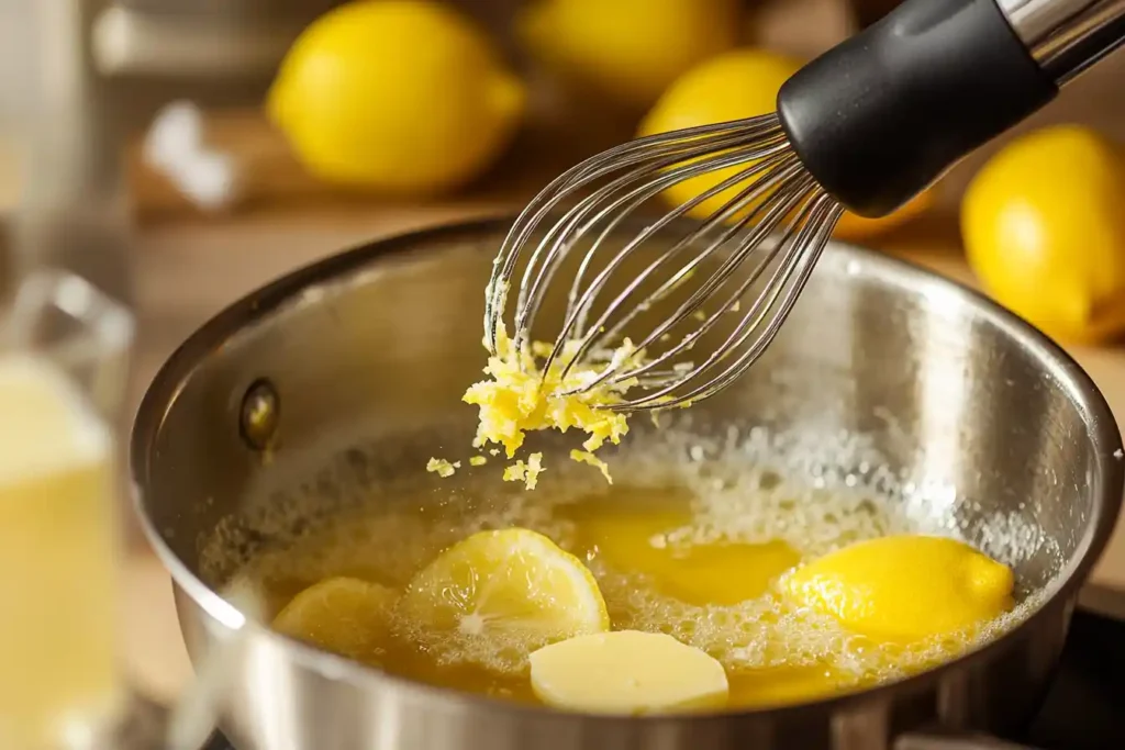 A close-up of kitchen tools like a saucepan, whisk, immersion blender, and prepped ingredients, highlighting zesting lemons and melting butter.