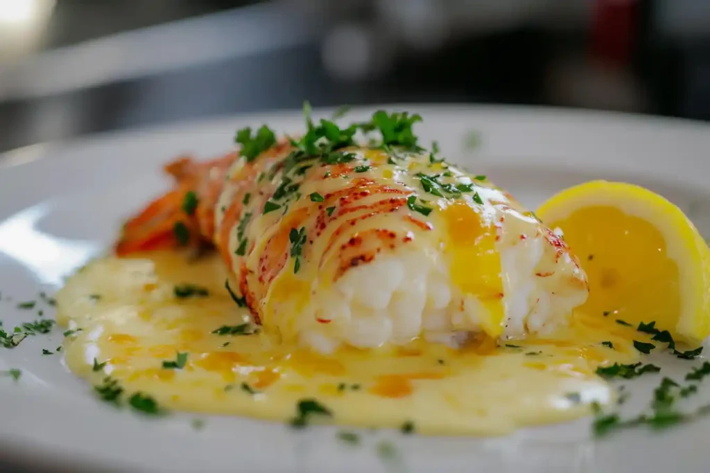 A beautifully plated lobster tail drizzled with lemon butter sauce, garnished with parsley and a wedge of lemon on a white plate.