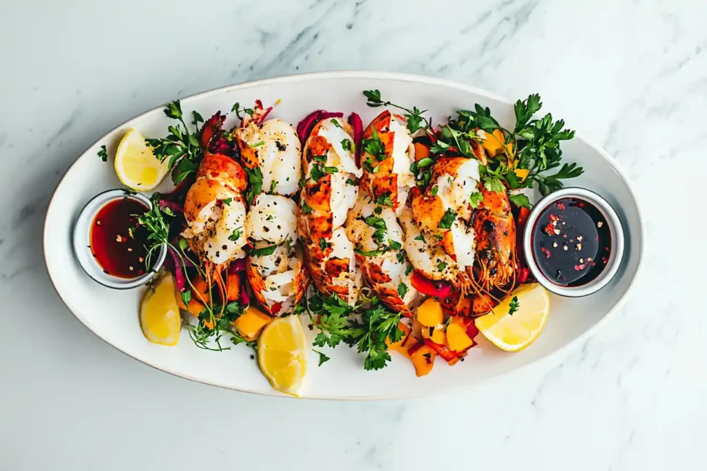 overhead shot of a seafood platter featuring lobster tails, a ramekin of sauce, and vibrant garnishes like herbs and lemon wedges.