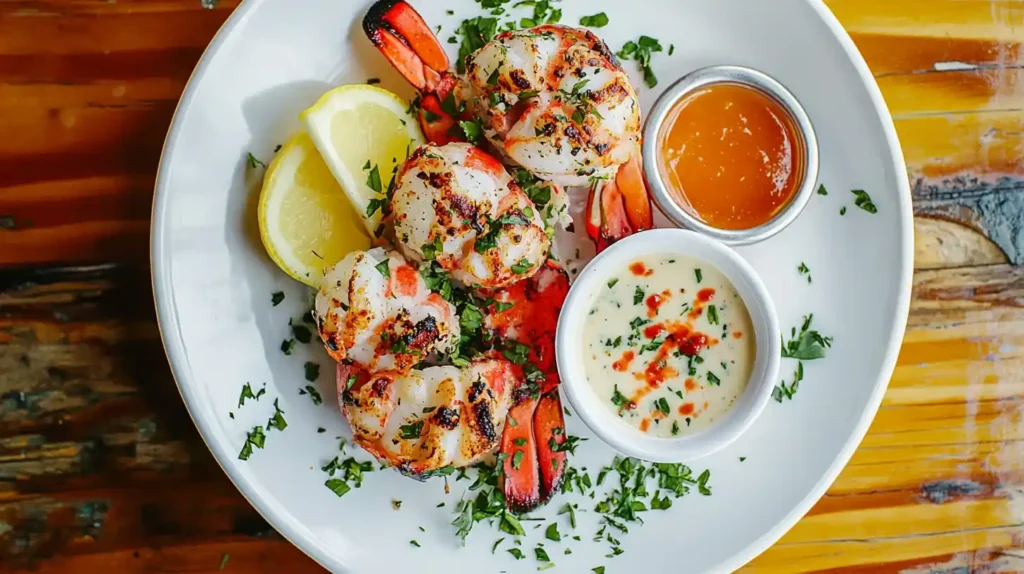 best overhead shot of a seafood platter featuring lobster tails, a ramekin of sauce, and vibrant garnishes like herbs and lemon wedges.