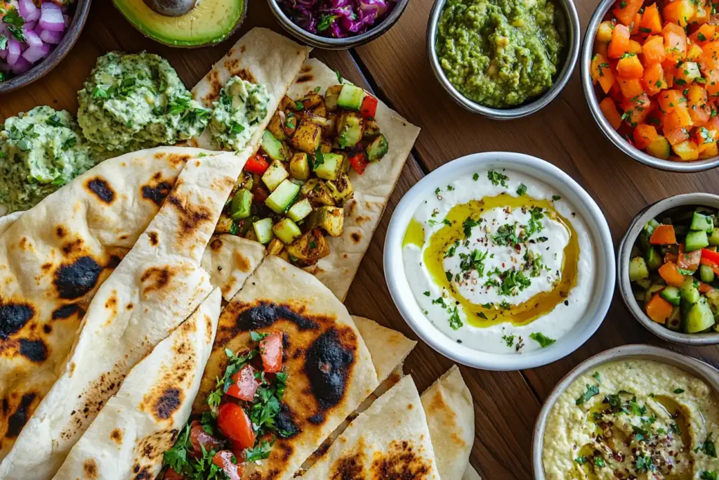 Overhead shot of flatbread served alongside colorful toppings like avocado slices, sautéed vegetables, and vibrant dips