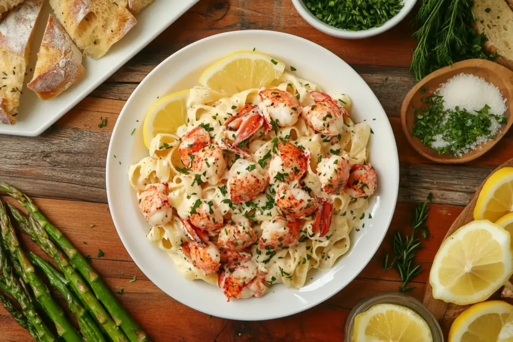 A flat-lay image of vibrant lobster pasta surrounded by complementary ingredients like lemon wedges, herbs, asparagus, and crusty bread on a rustic table.