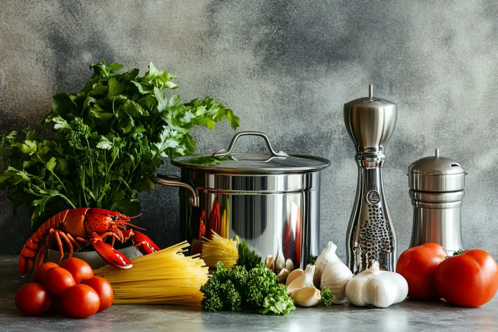 A staged photo of essential kitchen tools, such as a garlic press, pasta pot, and lobster cracker, alongside fresh side ingredients like greens and vegetables.