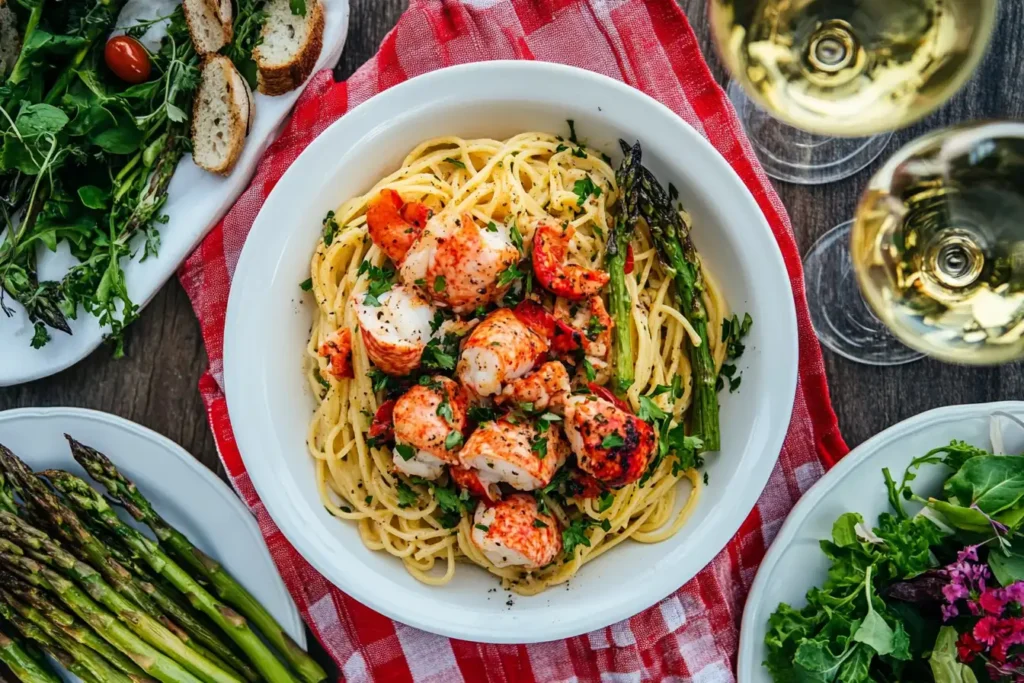 flat lay of pasta in a white ceramic dish, surrounded by roasted asparagus, a vibrant green salad,