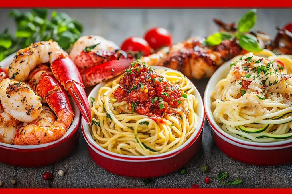 photo showcasing diverse pasta variations (spicy, zucchini noodles, truffle-topped) with Mediterranean and rustic-themed sides.