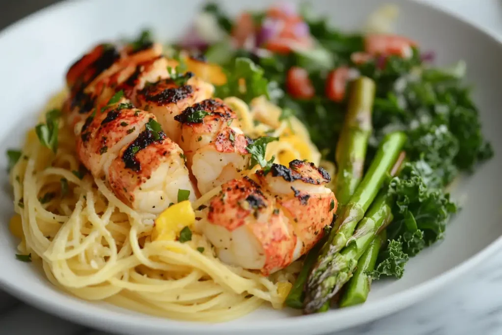 Display a creative layout of lobster pasta with grilled asparagus and a kale salad, highlighting vibrant colors and healthy presentation.