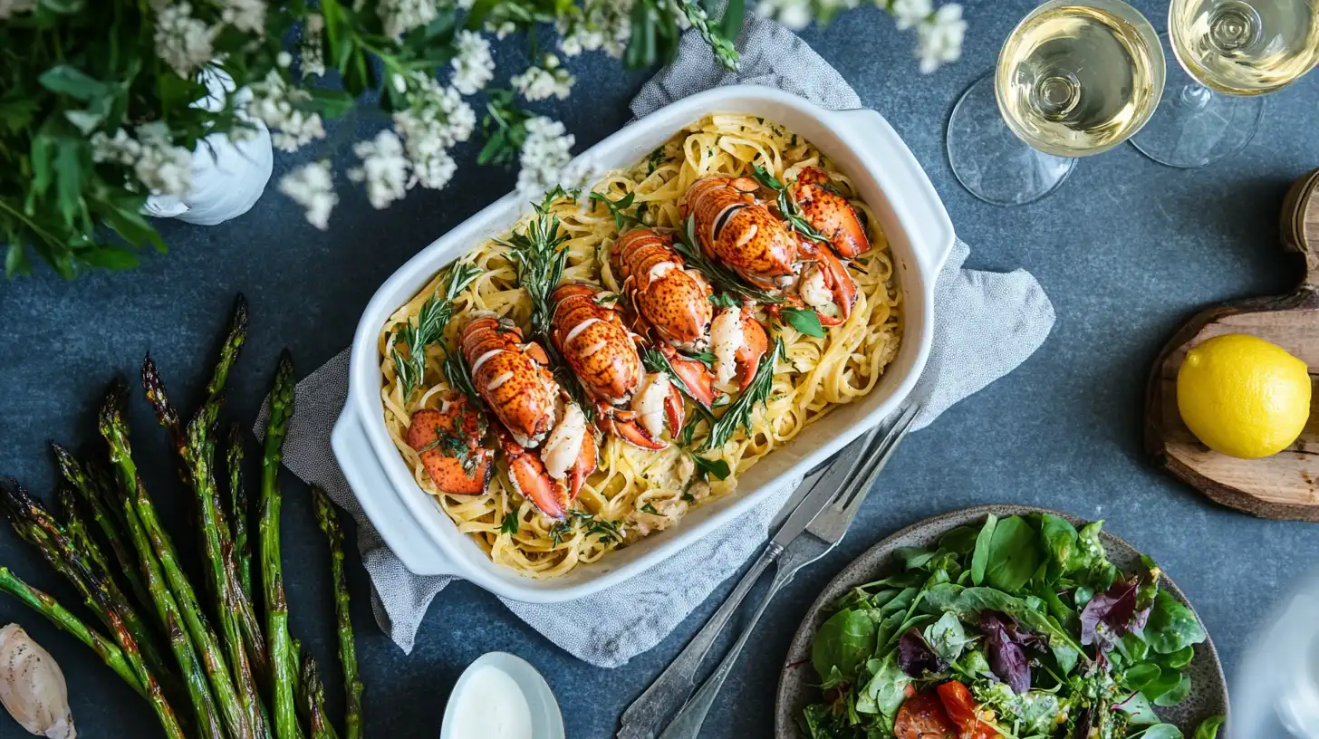 a beutiful flat lay of lobster pasta in a white ceramic dish, surrounded by roasted asparagus, a vibrant green salad