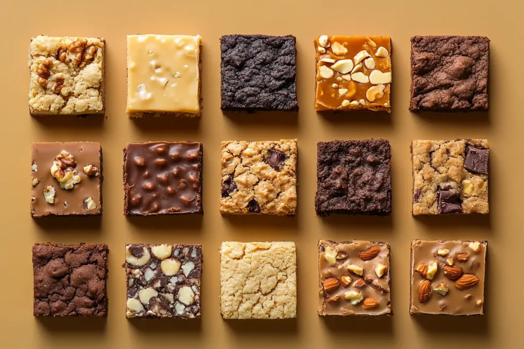 A flat lay of brookie squares showcasing various add-ins like nuts, caramel, or cookie pieces.