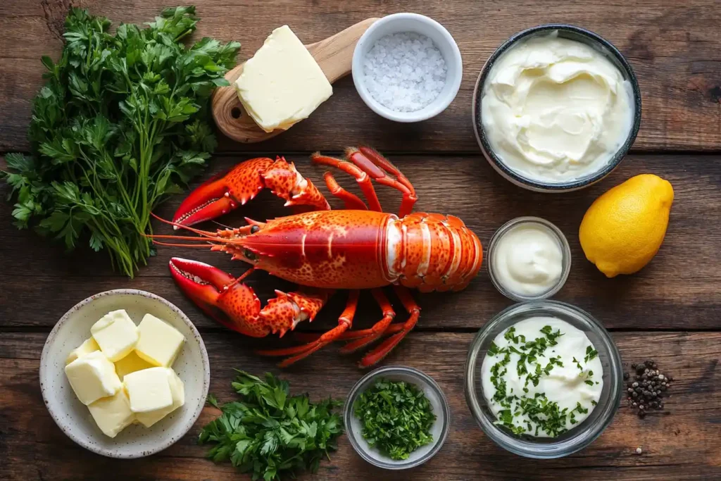 A flat lay of fresh lobster, heavy cream, butter, and herbs on a rustic wooden table