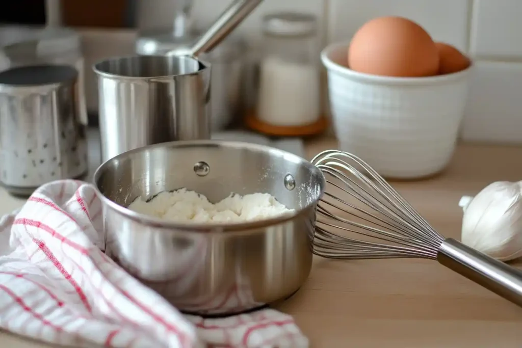 A kitchen counter setup with a saucepan, whisk, and prepped ingredients ready for cooking