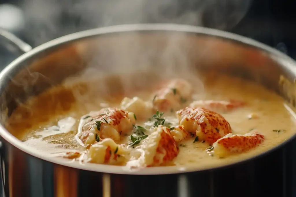 A close-up shot of the simmering sauce in a saucepan, with visible lobster shells, cream, and herbs, accompanied by steam rising to evoke the feeling of warmth and indulgence.