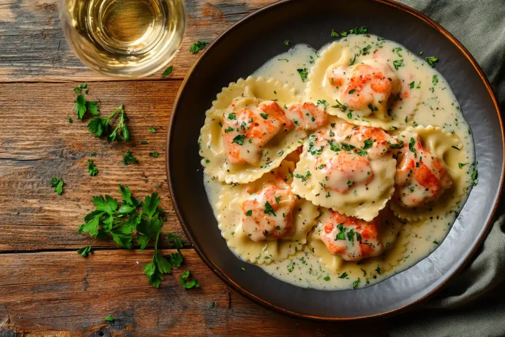 Showcase a plate of lobster-filled ravioli drizzled with lobster cream sauce, garnished with freshly chopped parsley and served with a glass of white wine on a rustic wooden table.