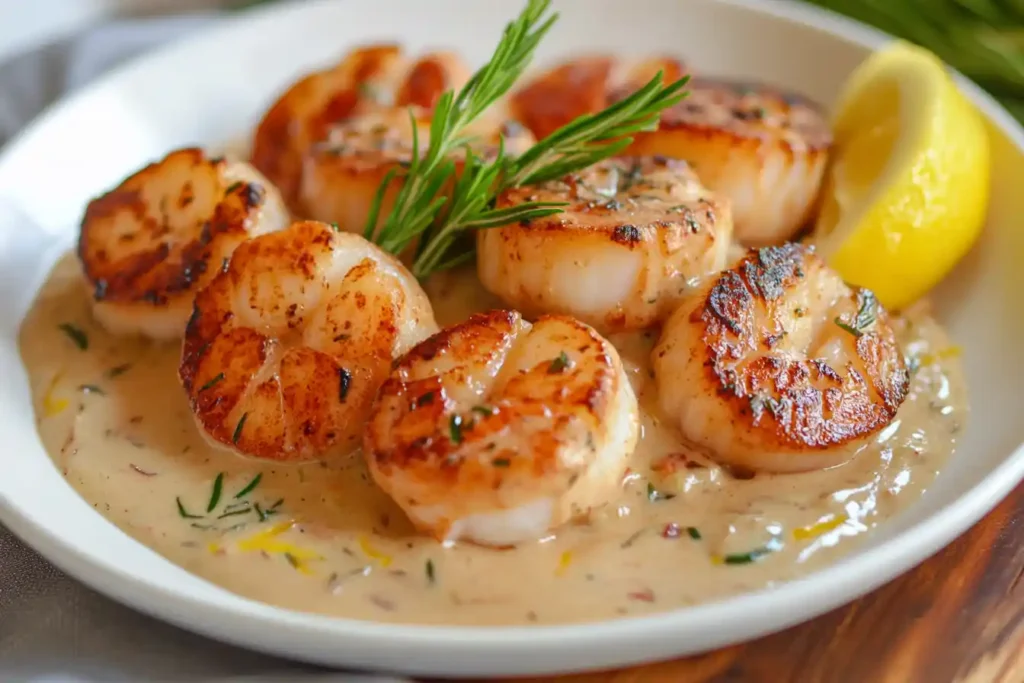 A creatively styled plate featuring lobster cream sauce served over seared scallops, garnished with a sprig of tarragon and zest of lemon for color pops.