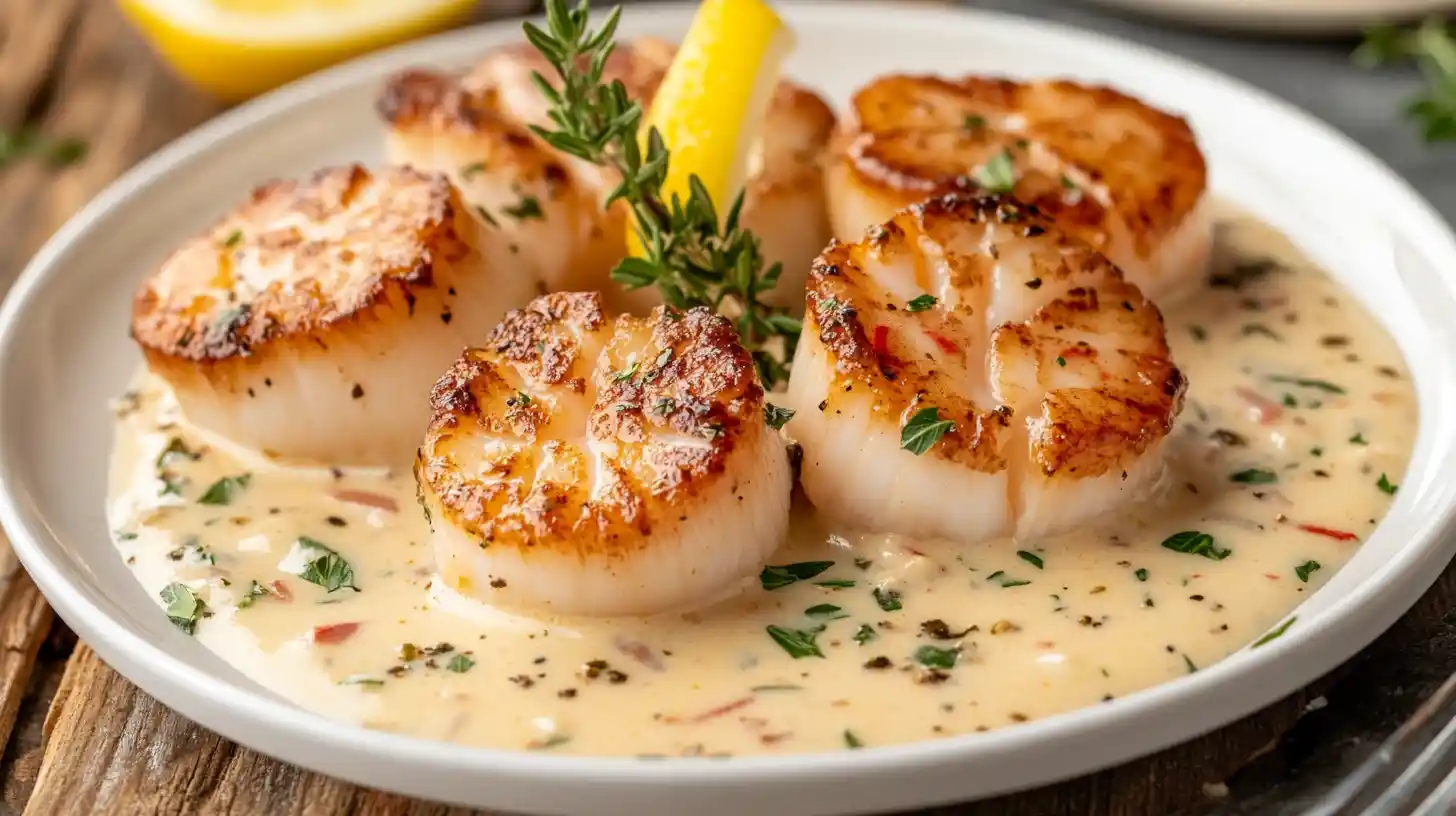 A creatively styled plate featuring lobster cream sauce served over seared scallops, garnished with a sprig of tarragon and zest of lemon for color pops.