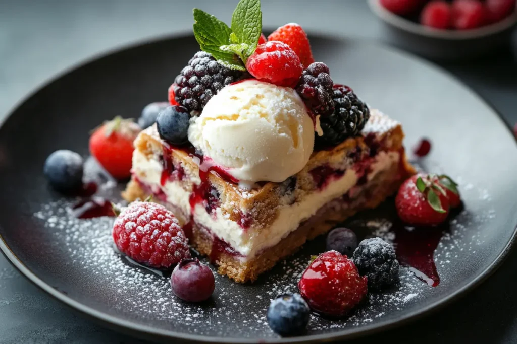 Photograph brookie recipe served with a scoop of melting ice cream and a side of berries for a luxurious display.