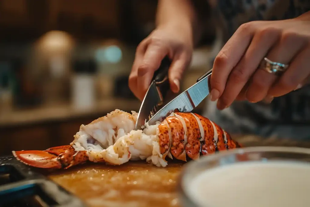 Show hands women chef's holding seafood shears cutting into a real lobster tail, with milk and other prep tools visible on the counter