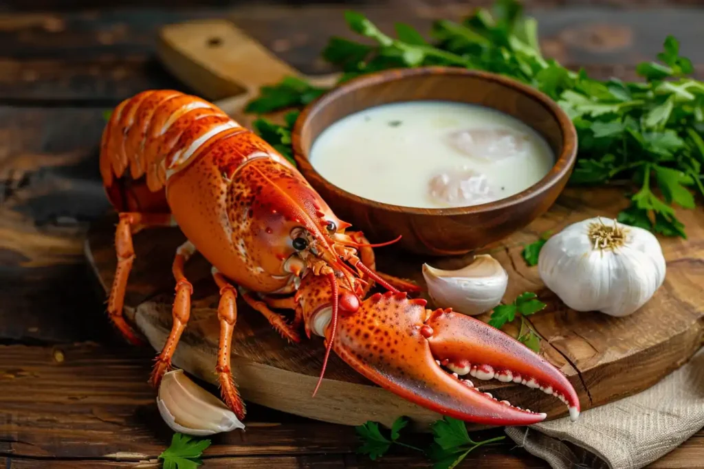 fresh lobster tail on a wooden cutting board, a bowl of milk placed beside it, surrounded by garlic cloves and fresh parsley, natural lighting